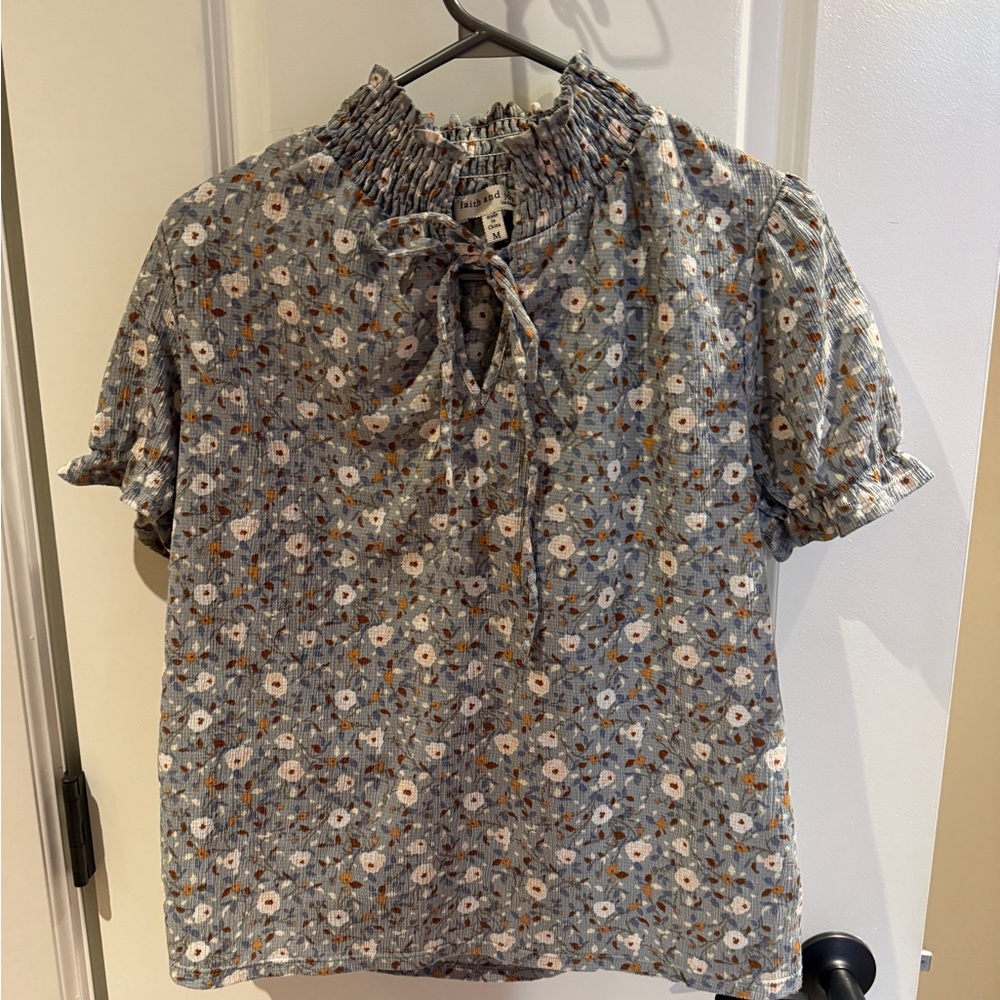Faith and Joy Floral Smocked Blouse - Blue and White